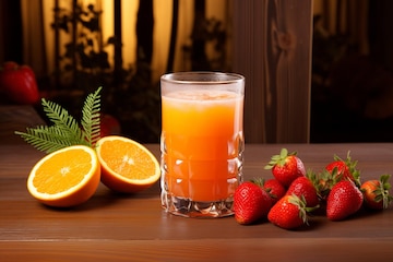 Glass of refreshing aloe orange strawberry juice on a table, perfect for balancing glucose levels and staying energized during busy working hours.