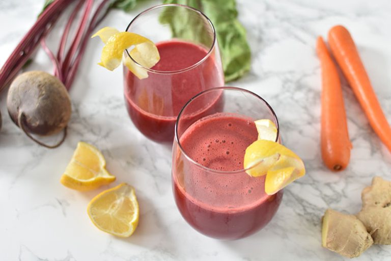 Glass of beet ginger juice to help reduce sugar cravings and curb late-night sugar spikes