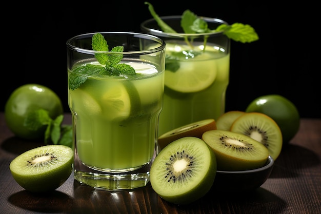 A refreshing glass of cucumber kiwi juice placed on a wooden table, surrounded by fresh cucumber slices, and kiwi halves.