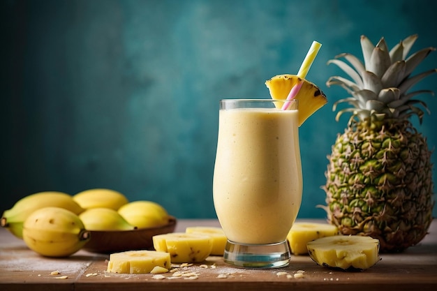 A refreshing glass of pineapple banana smoothie topped with a slice of fresh pineapple and a sprinkle of cinnamon, sitting on a wooden table with fresh pineapple chunks and a banana in the background.