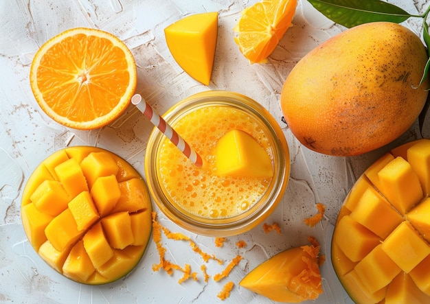 A glass of vibrant Mango Orange Smoothie garnished with a slice of fresh orange, surrounded by fresh mango chunks and oranges, perfect for boosting energy and hemoglobin.