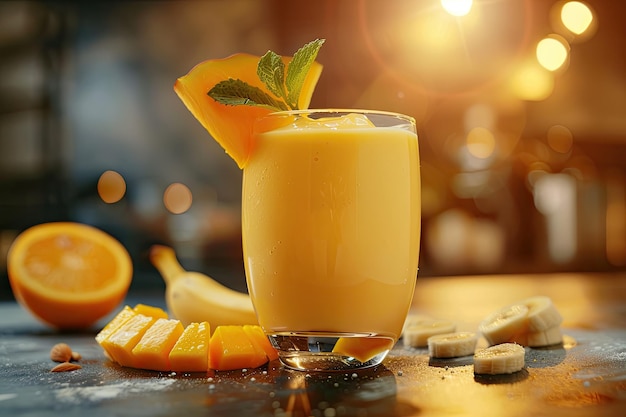 A vibrant Banana Mango Orange Smoothie in a glass, garnished with fresh fruit slices and a straw, sitting on a wooden table surrounded by bananas, mangoes, and oranges.