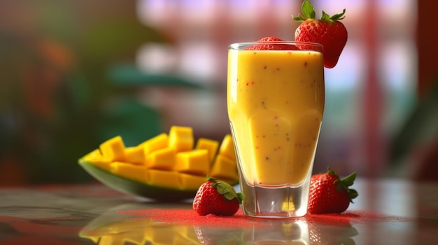 A vibrant glass of Strawberry Mango Orange Smoothie, garnished with fresh strawberry slices and served on a wooden table, radiating tropical freshness.