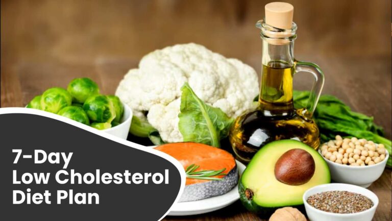 How to lower cholesterol in 7 days: Healthy foods for lowering cholesterol in 7 days, including salmon, avocado, olive oil, cauliflower, Brussels sprouts, and seeds — a clean 7-day low-cholesterol meal plan concept.